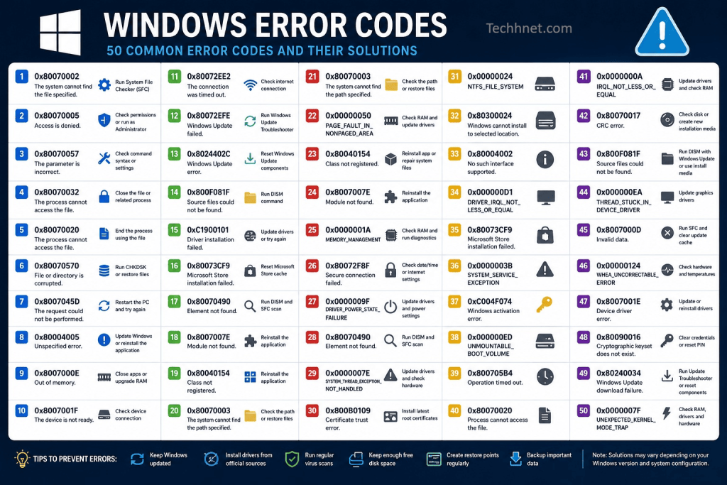 50 Common Windows Error Codes and Their Solutions